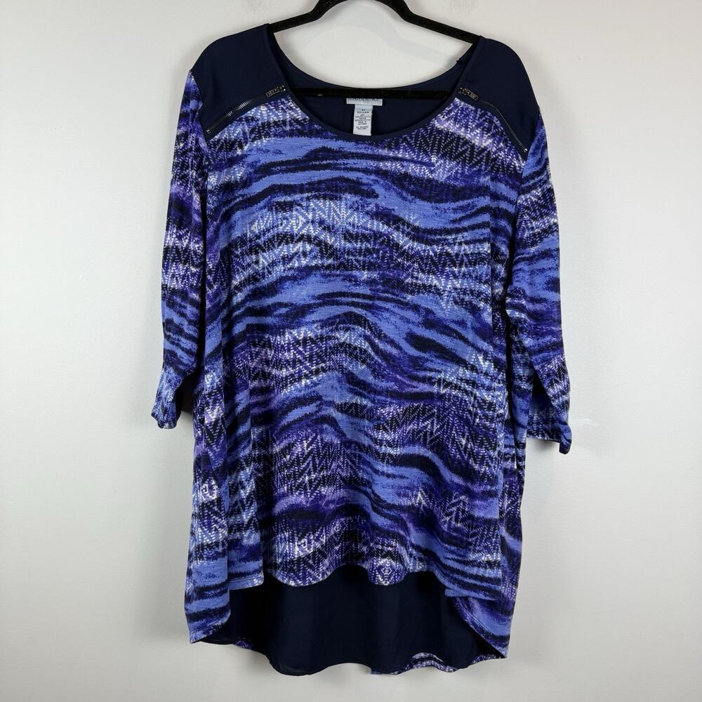 Catherines Tunic Top Women 2X Blue Printed 3/4 Sleeve Blouse Mature Career Flowy